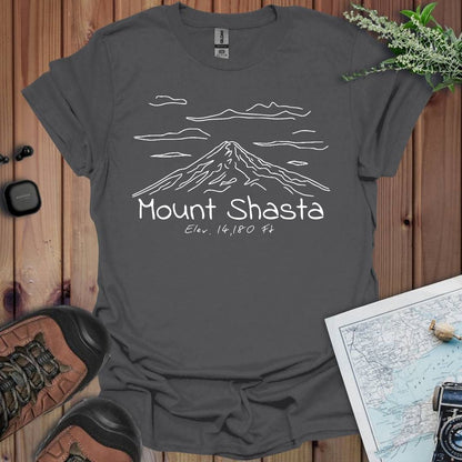Mount Shasta line art graphic t-shirt shown from alternate product angle