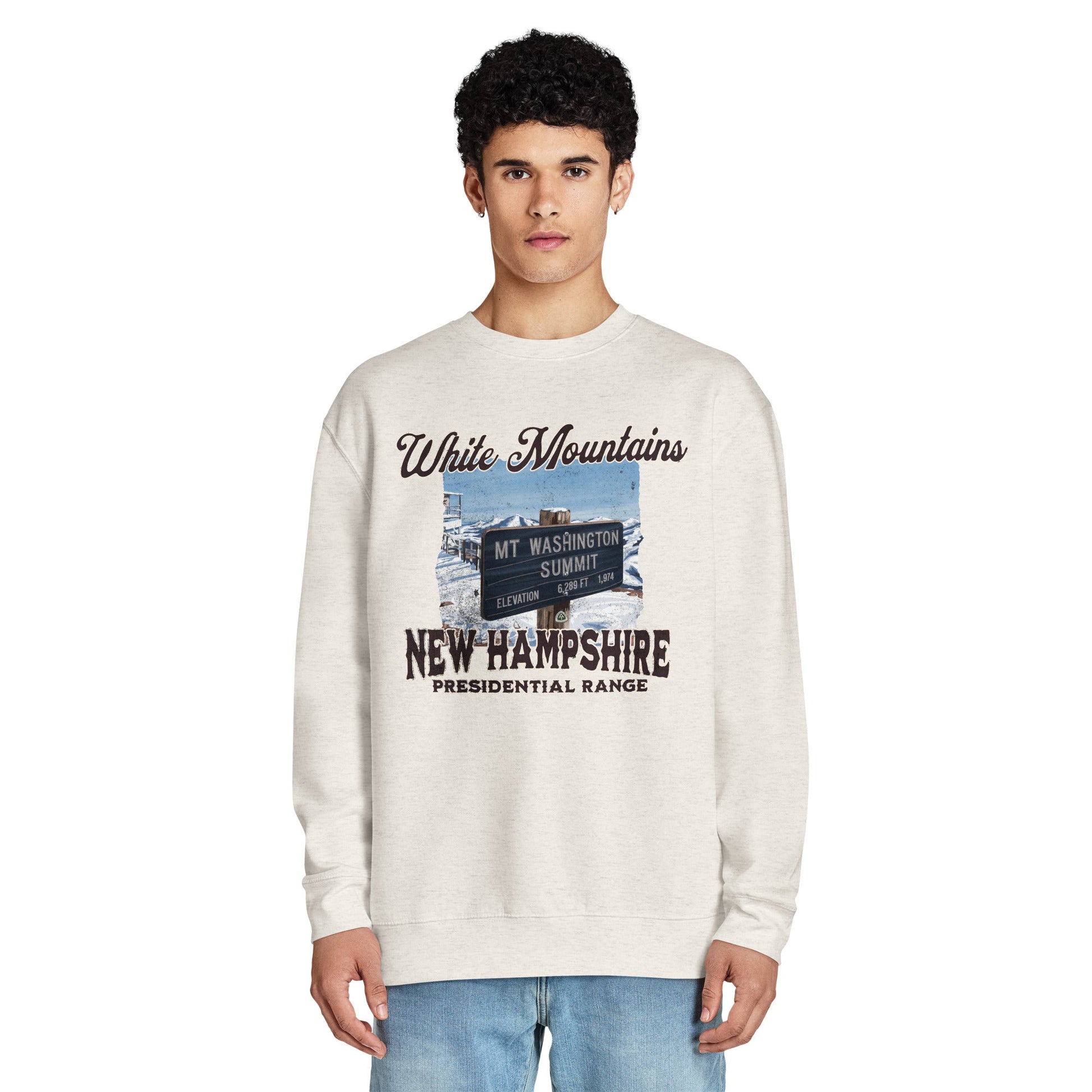 Mount Washington sign crewneck sweatshirt shown in lifestyle or modeled setting