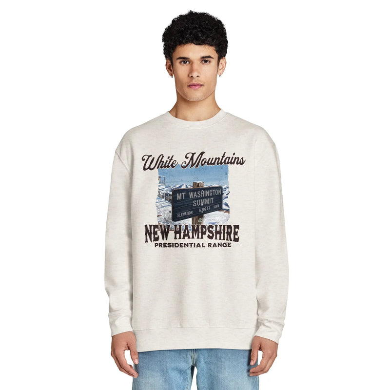 Mount Washington sign crewneck sweatshirt shown in lifestyle or modeled setting