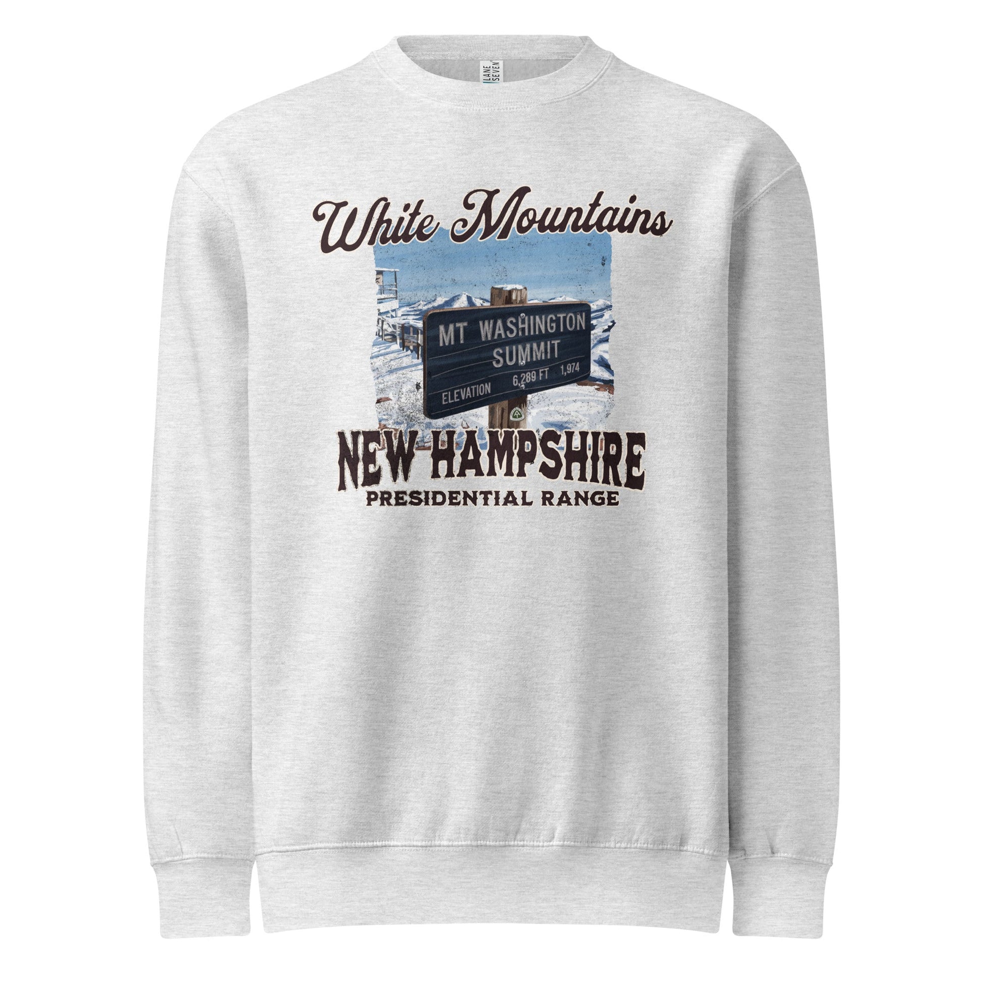 Mount Washington sign crewneck sweatshirt shown in lifestyle or modeled setting