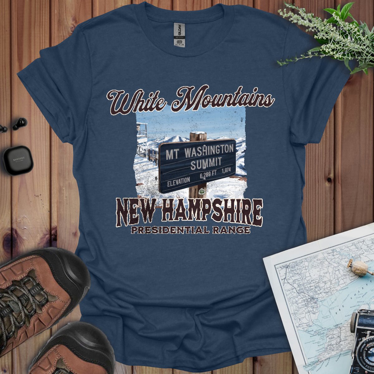 Mount Washington New Hampshire Presidential Range sign graphic t-shirt shown from alternate product angle
