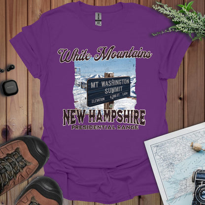 Mount Washington New Hampshire Presidential Range sign graphic t-shirt shown from alternate product angle