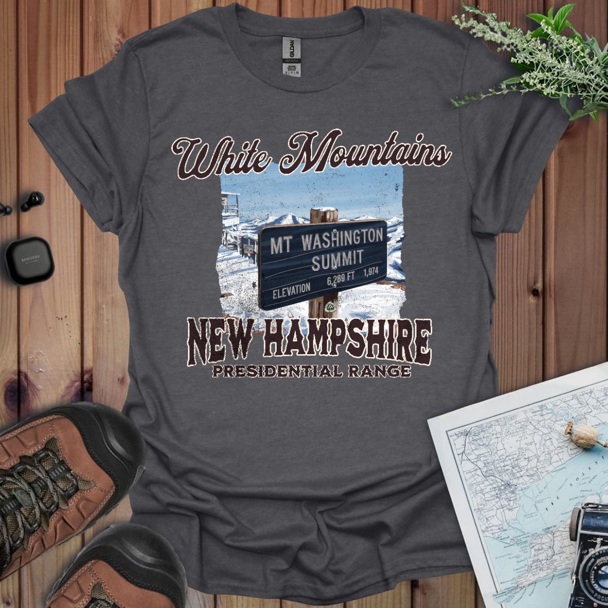 Mount Washington New Hampshire Presidential Range sign graphic t-shirt shown in lifestyle or modeled setting
