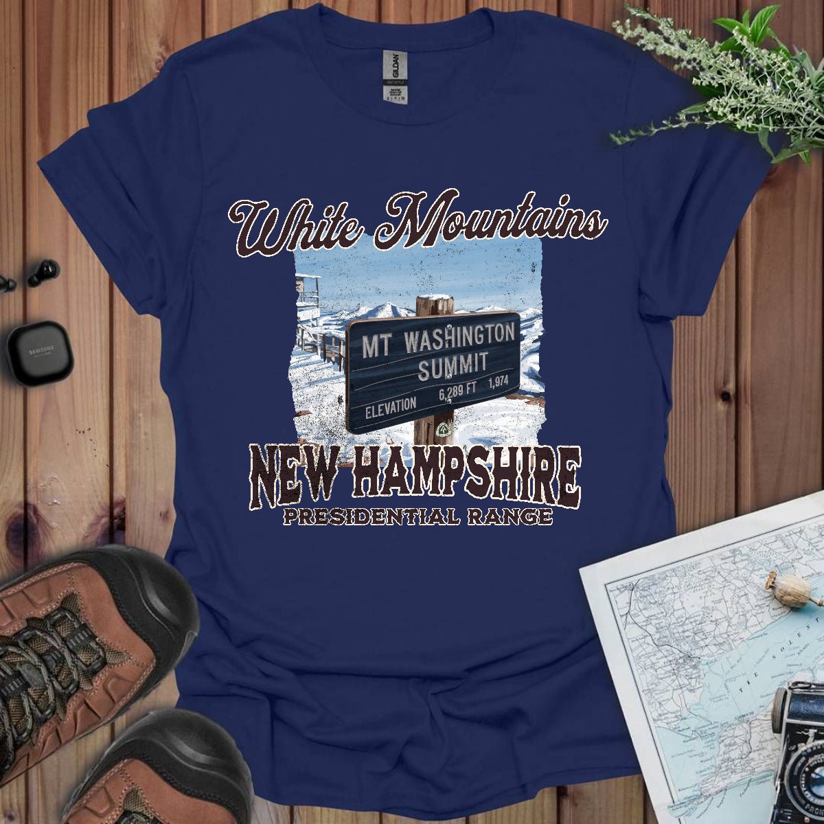 Mount Washington New Hampshire Presidential Range sign graphic t-shirt shown from alternate product angle