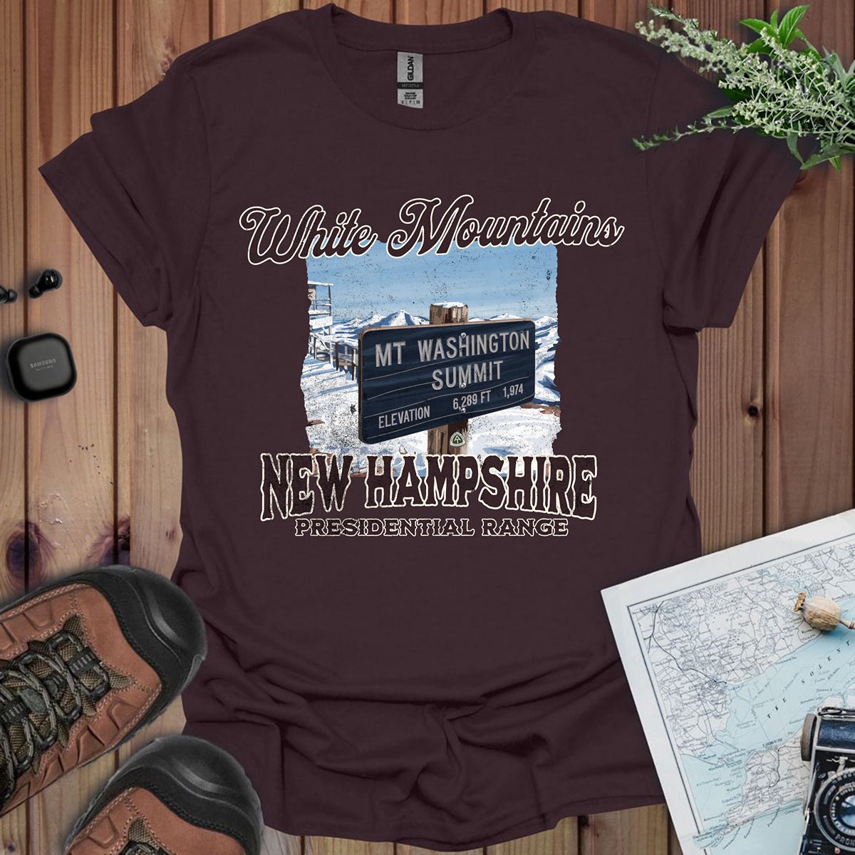 Mount Washington New Hampshire Presidential Range sign graphic t-shirt shown in lifestyle or modeled setting