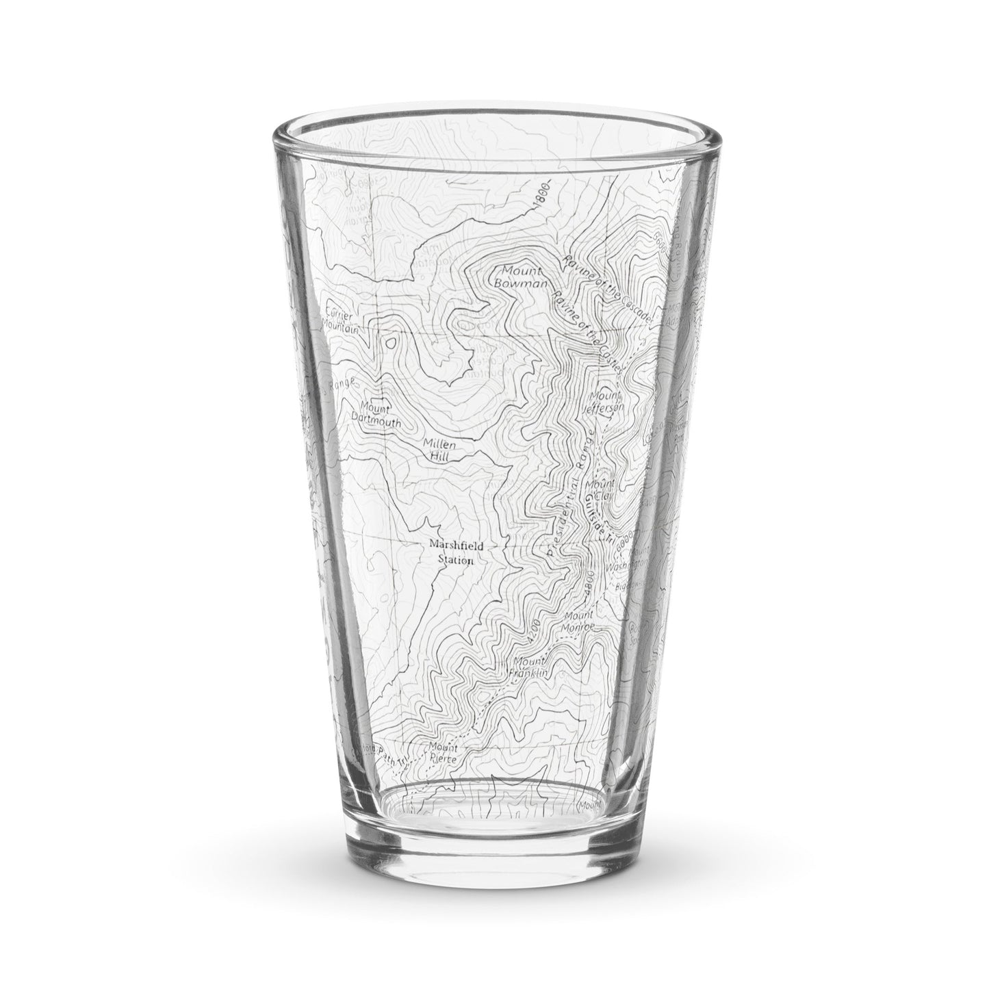 Mount Washington topographic pint glass shown from alternate product angle