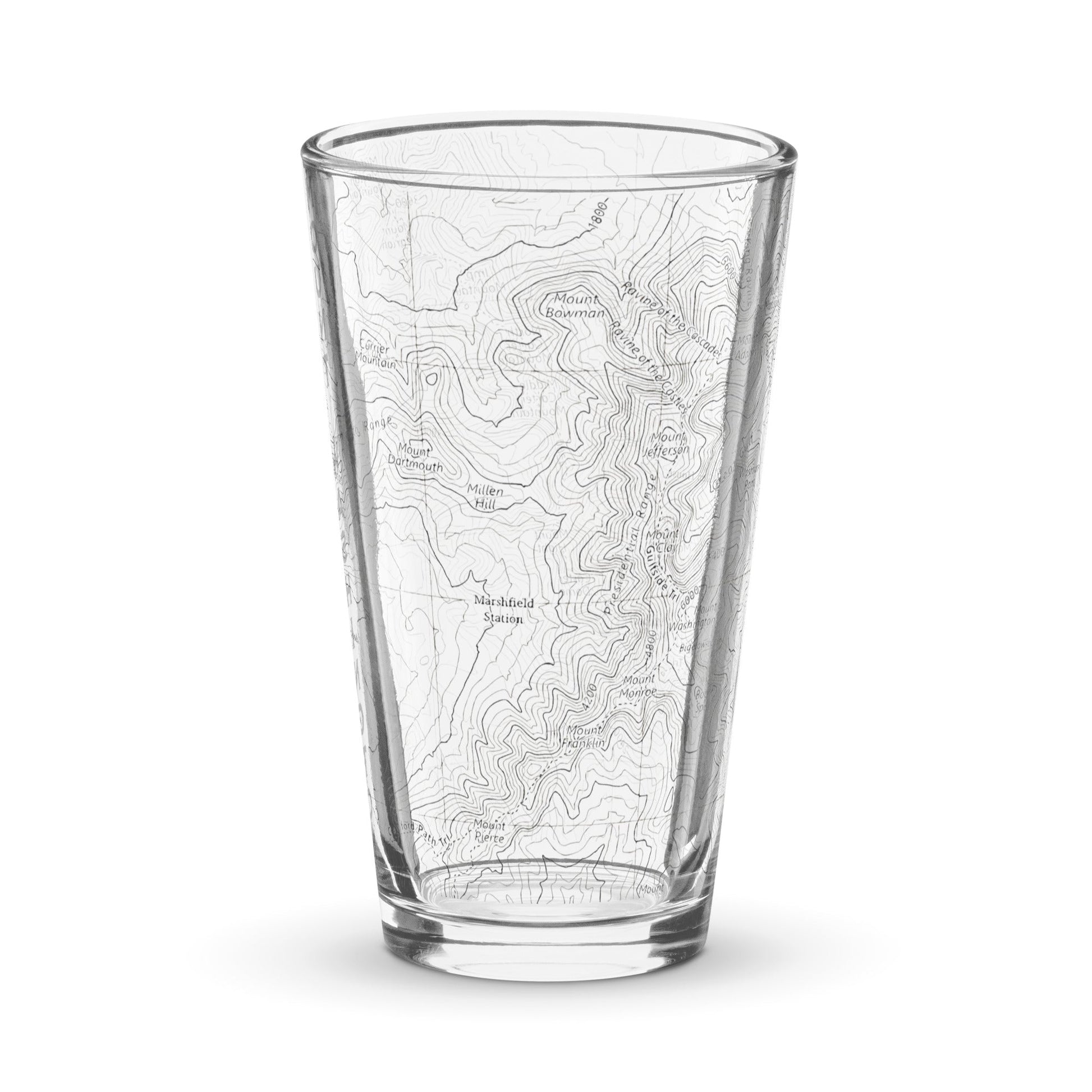 Mount Washington topographic pint glass shown from alternate product angle
