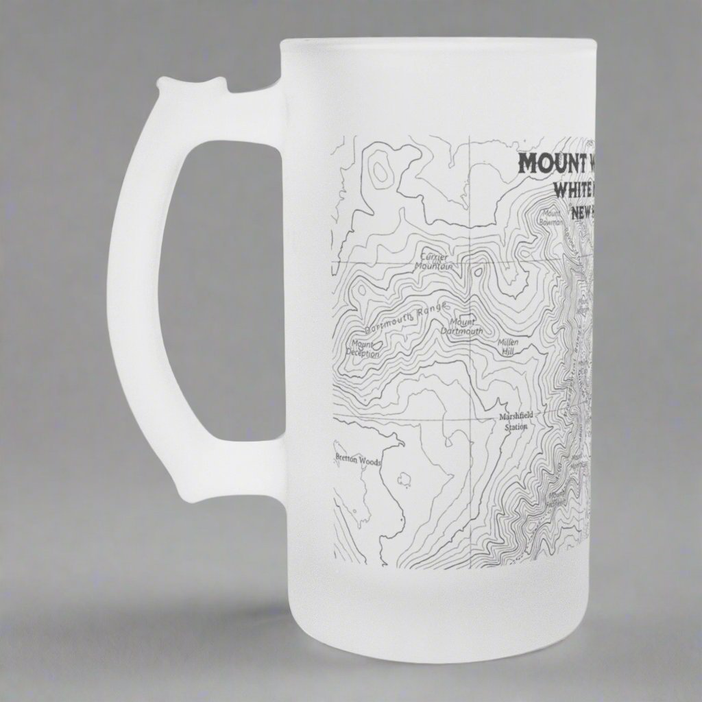 Mount Washington White Mountains topographic frosted pint mug shown from alternate product angle