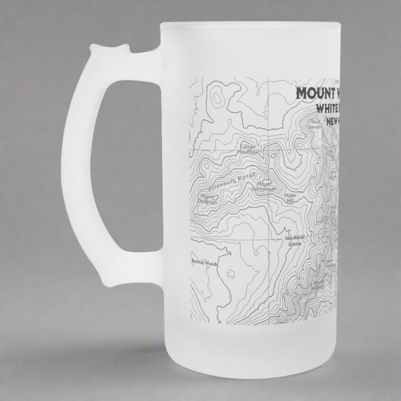 Mount Washington White Mountains topographic frosted pint mug shown from alternate product angle
