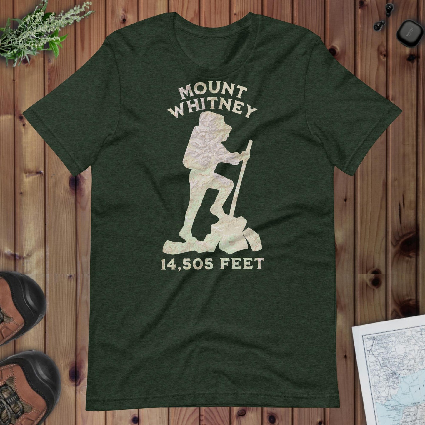 Mount Whitney Hiker topo t-shirt shown in lifestyle or modeled setting
