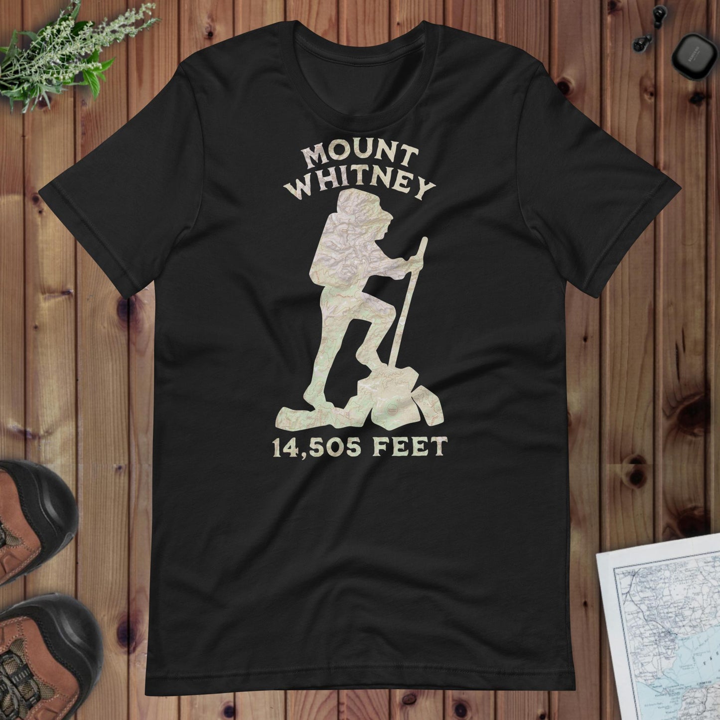 Mount Whitney Hiker topo t-shirt shown in lifestyle or modeled setting