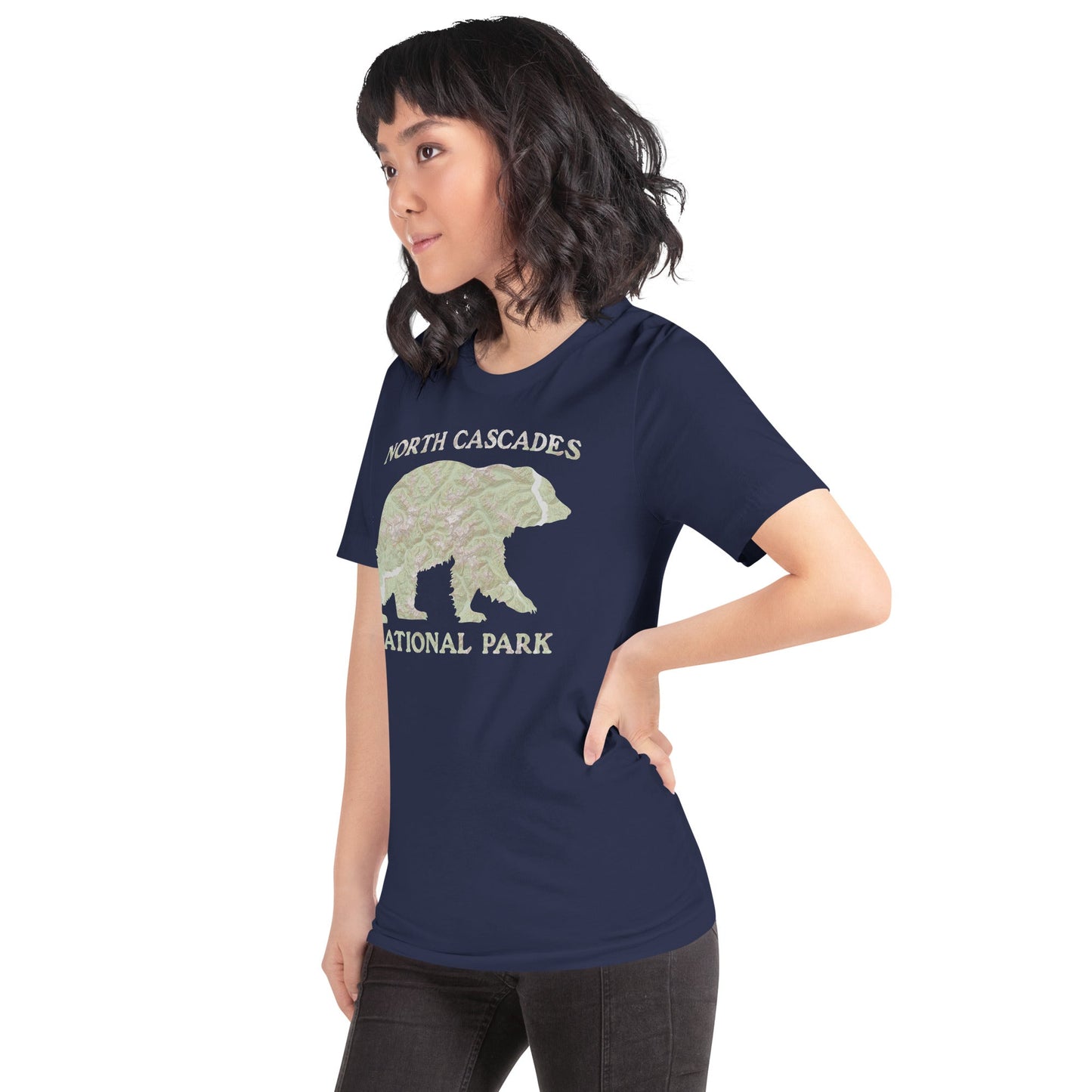 North Cascades Bear national park topo t-shirt shown in lifestyle or modeled setting