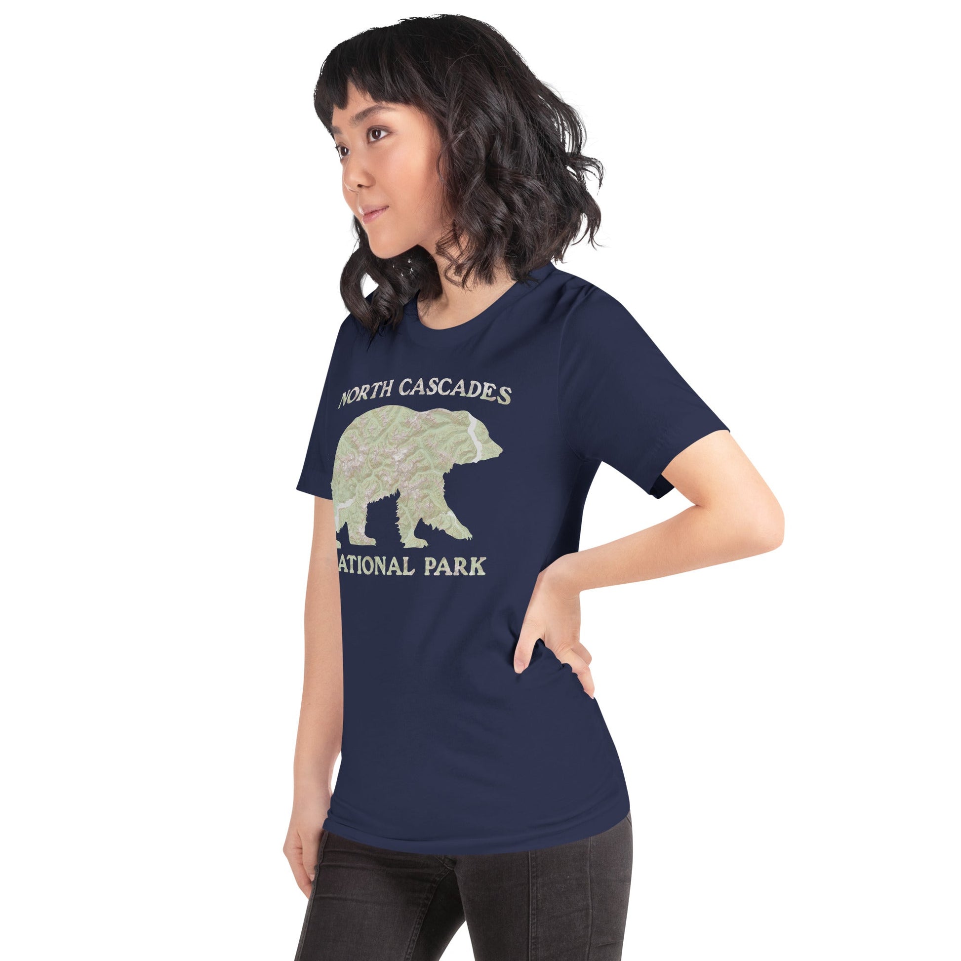North Cascades Bear national park topo t-shirt shown in lifestyle or modeled setting