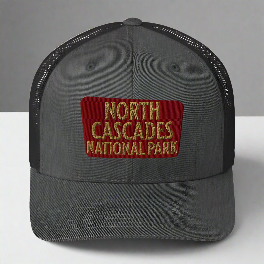 North Cascades National Park embroidered trucker hat shown from alternate product angle