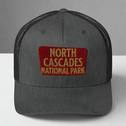 North Cascades National Park embroidered trucker hat shown from alternate product angle