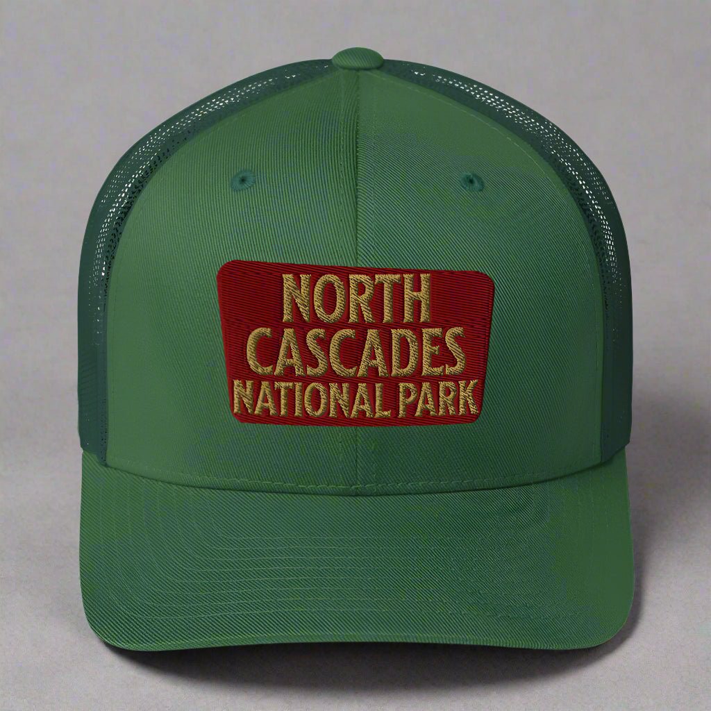 North Cascades National Park embroidered trucker hat shown from alternate product angle
