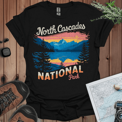 North Cascades National Park vintage graphic t-shirt shown in lifestyle or modeled setting