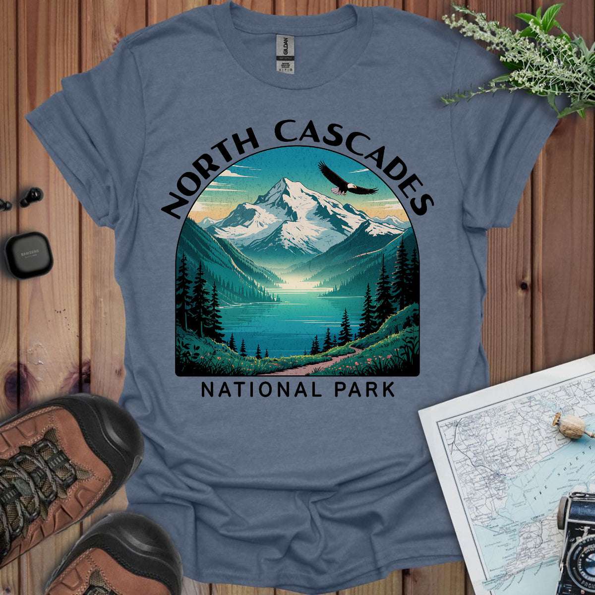 North Cascades National Park graphic t-shirt shown in lifestyle or modeled setting