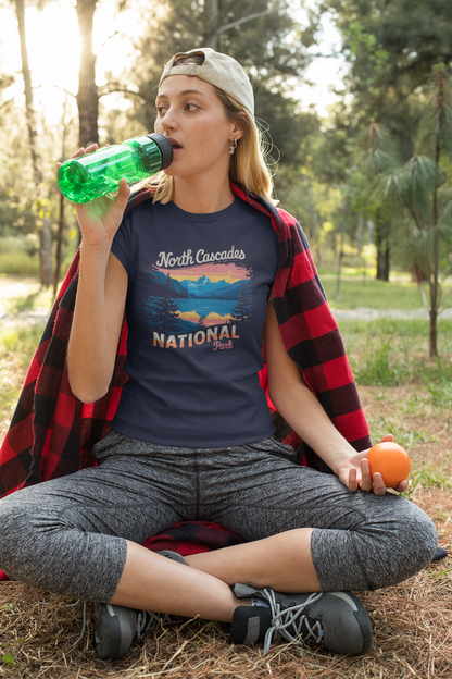 North Cascades National Park vintage graphic t-shirt shown in lifestyle or modeled setting