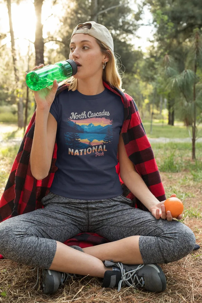 North Cascades National Park vintage graphic t-shirt shown in lifestyle or modeled setting