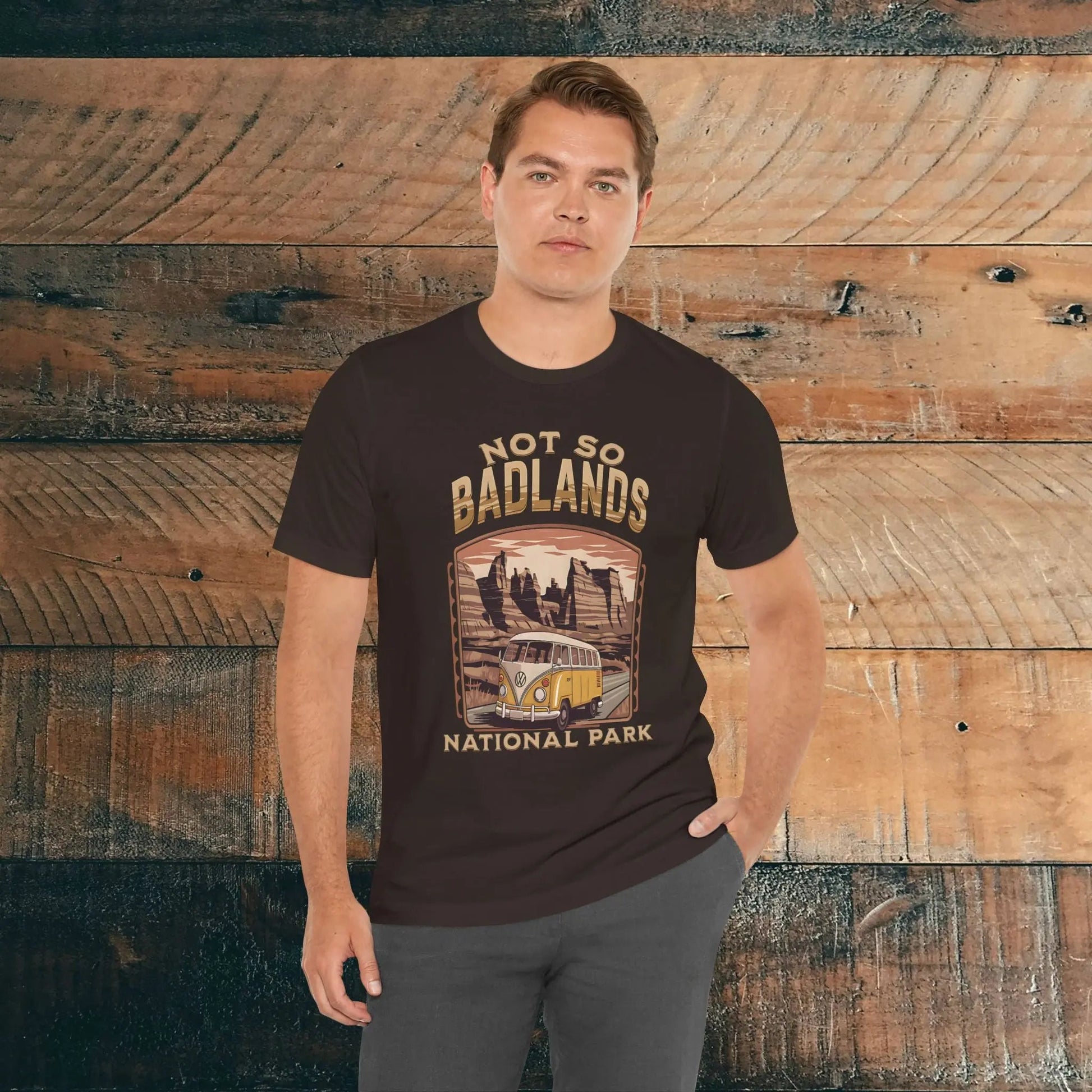 Not So Bad Badlands National Park VW bus graphic t-shirt shown in alternate apparel color