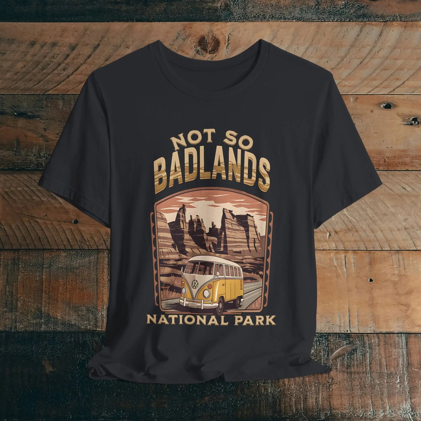 Not So Bad Badlands National Park VW bus graphic t-shirt shown in alternate apparel color