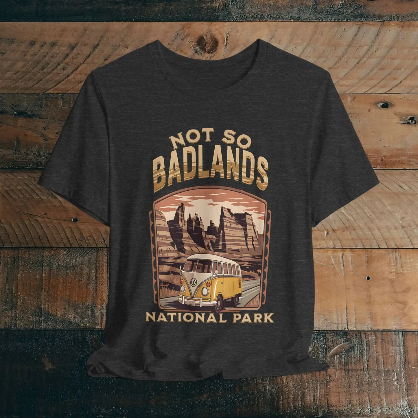 Not So Bad Badlands National Park VW bus graphic t-shirt shown in alternate apparel color