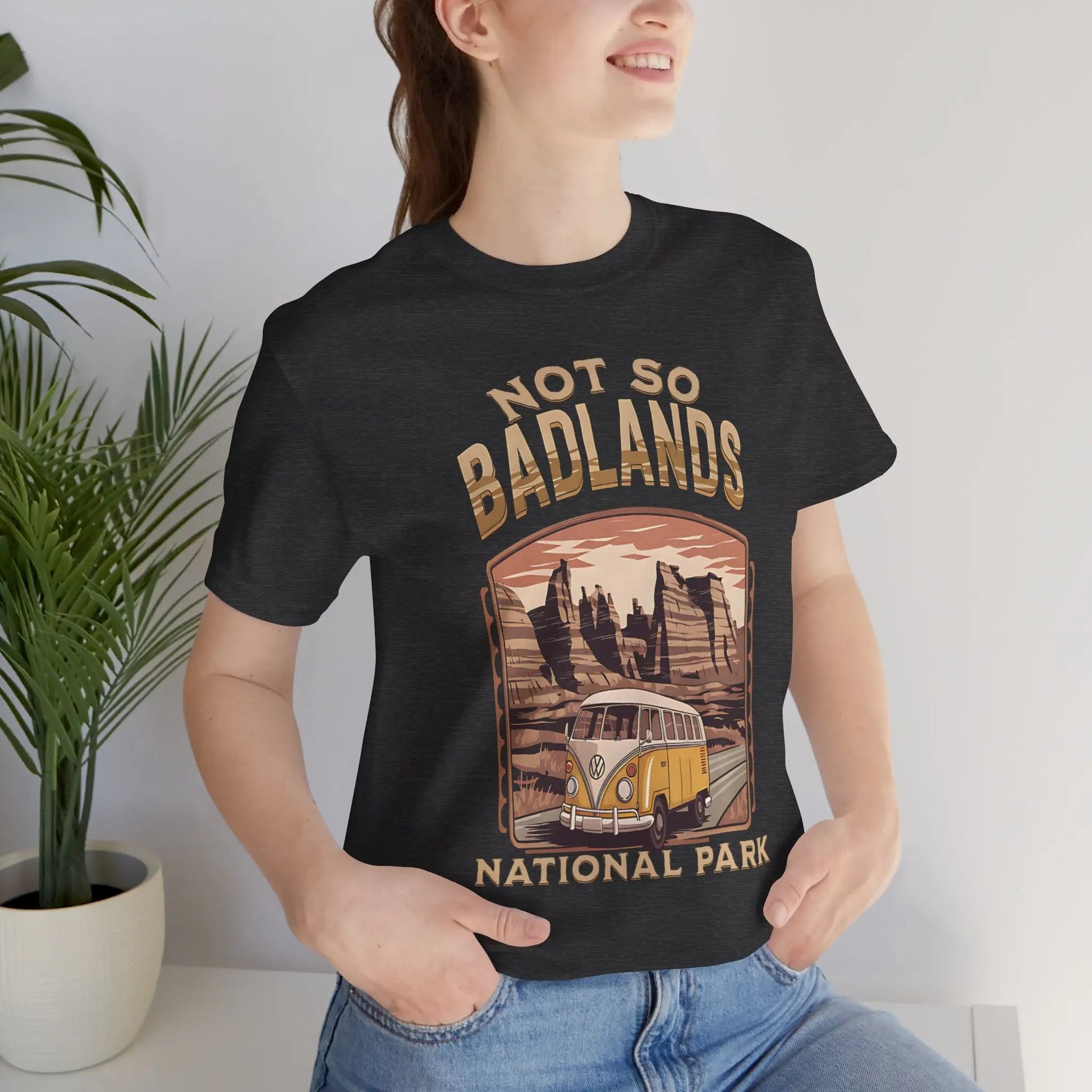 Not So Bad Badlands National Park VW bus graphic t-shirt shown in lifestyle or modeled setting