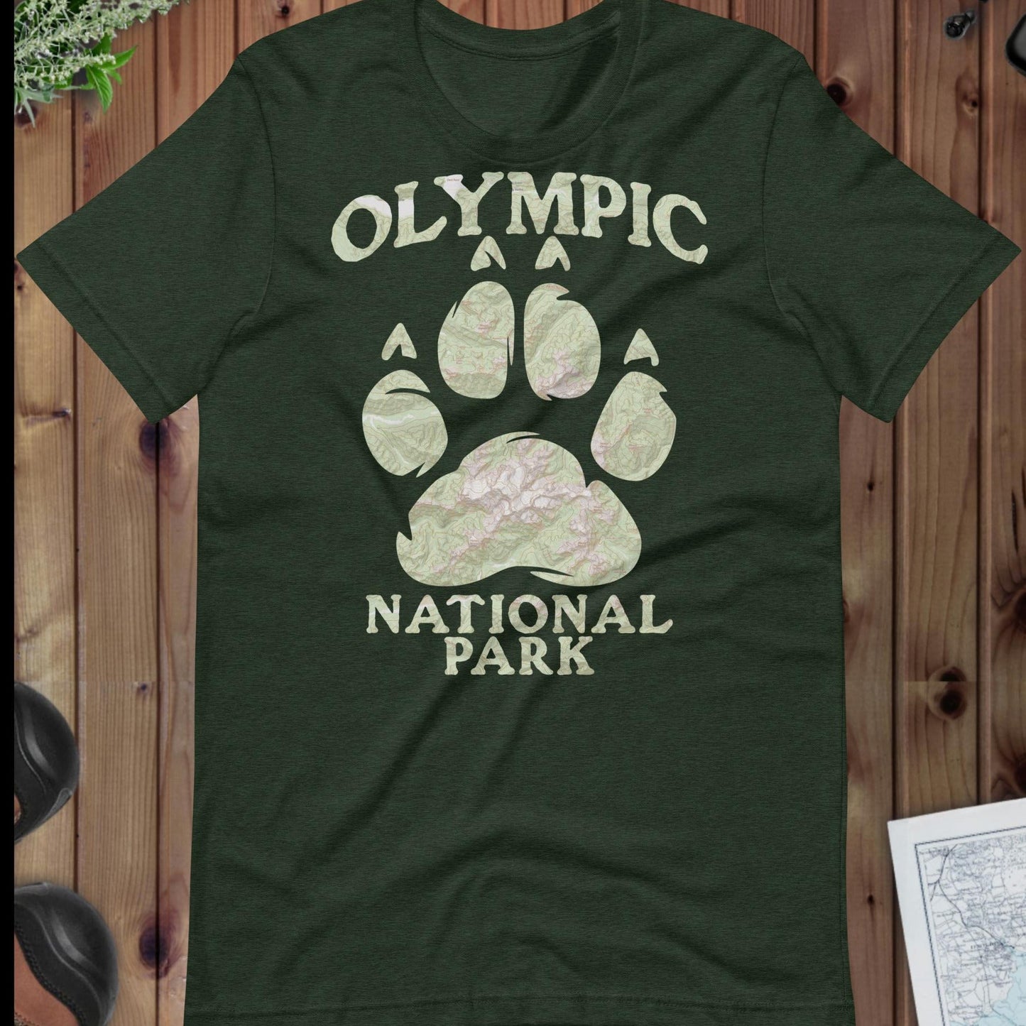 Olympic Bear Paw national park topo t-shirt shown in lifestyle or modeled setting
