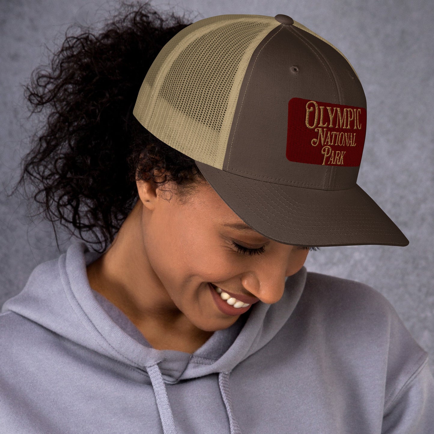 Olympic embroidered National Park trucker hat shown from alternate product angle