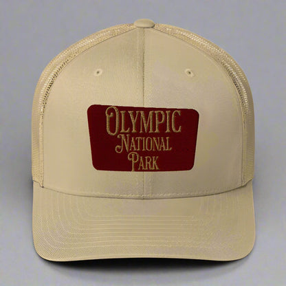 Olympic embroidered National Park trucker hat shown in lifestyle or modeled setting