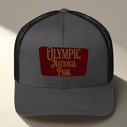 Olympic embroidered National Park trucker hat shown from alternate product angle