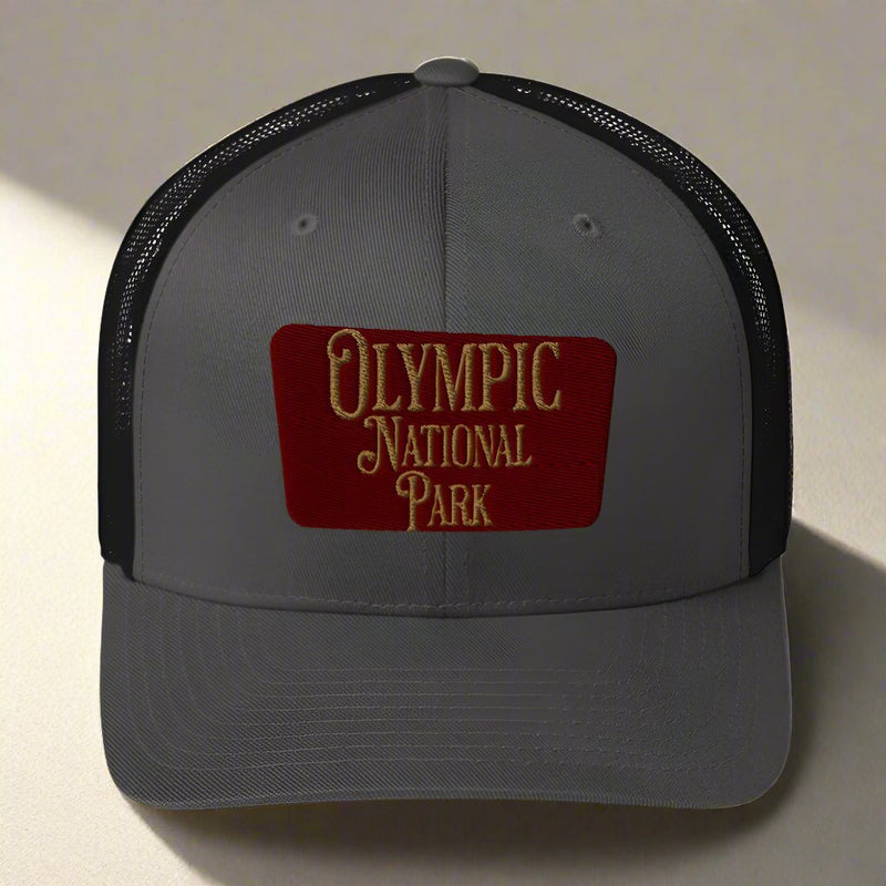Olympic embroidered National Park trucker hat shown from alternate product angle