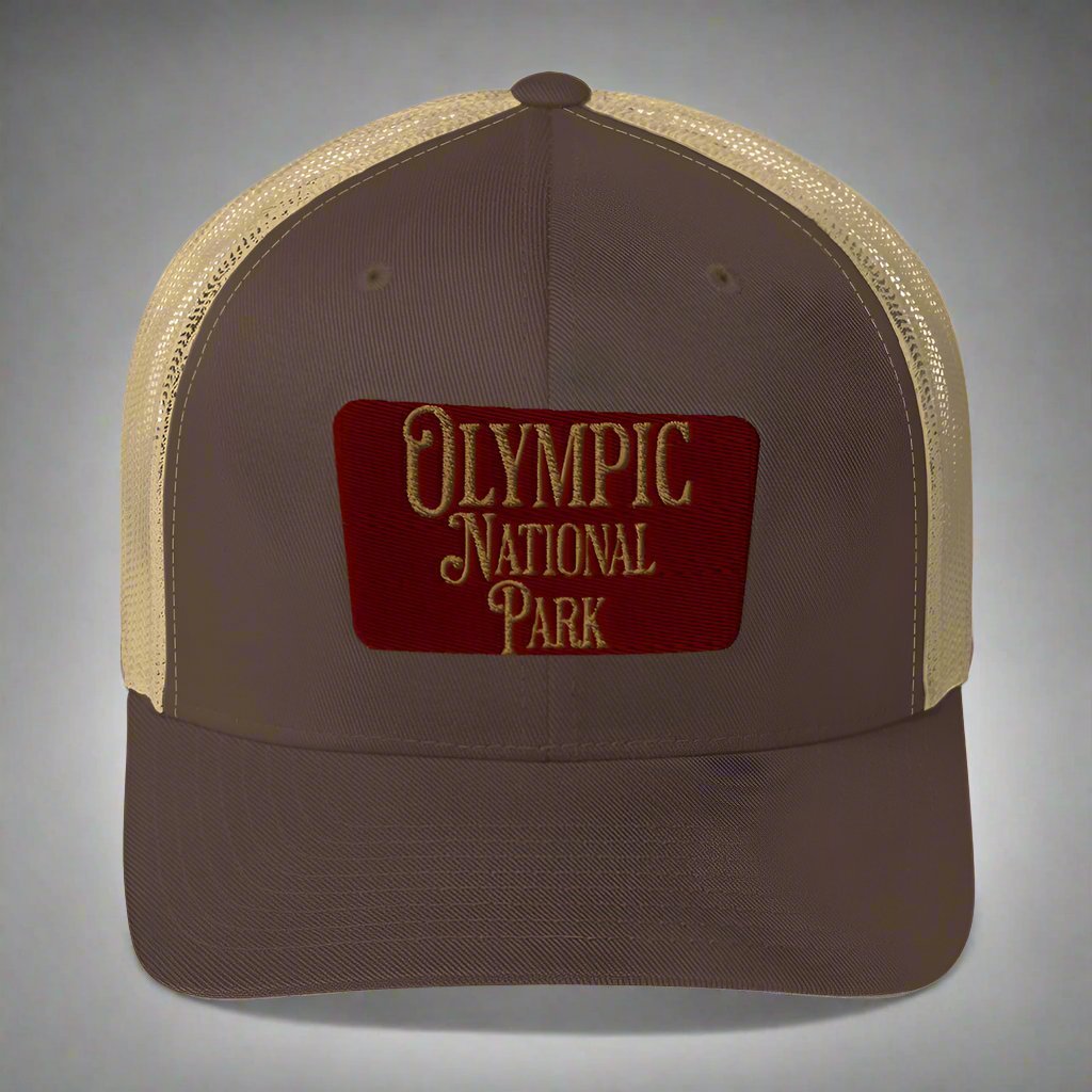 Olympic embroidered National Park trucker hat shown from alternate product angle