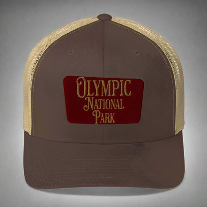 Olympic embroidered National Park trucker hat shown from alternate product angle