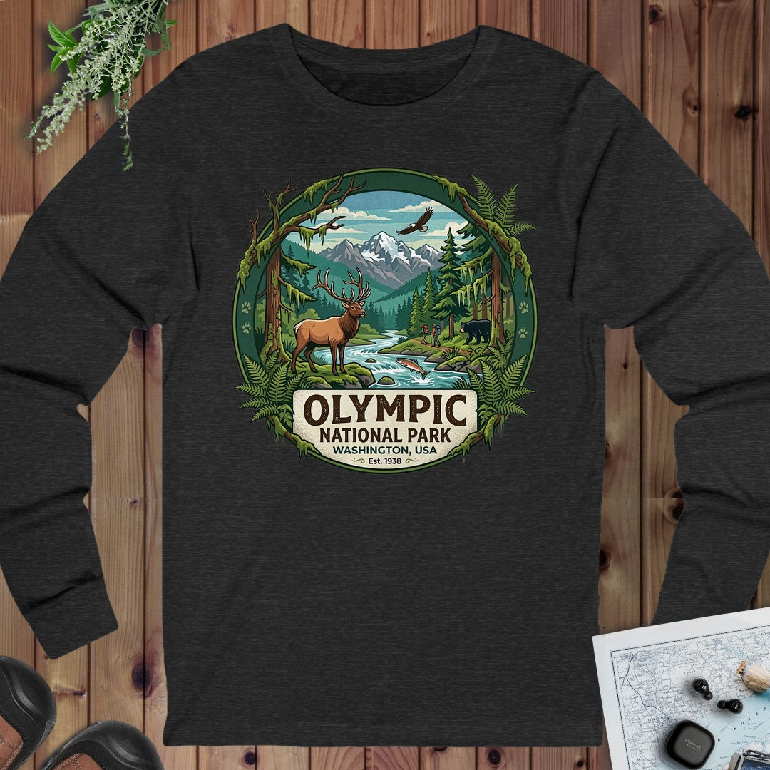 Olympic National Park Emblem Long Sleeve T-Shirt in Dark Grey Heather