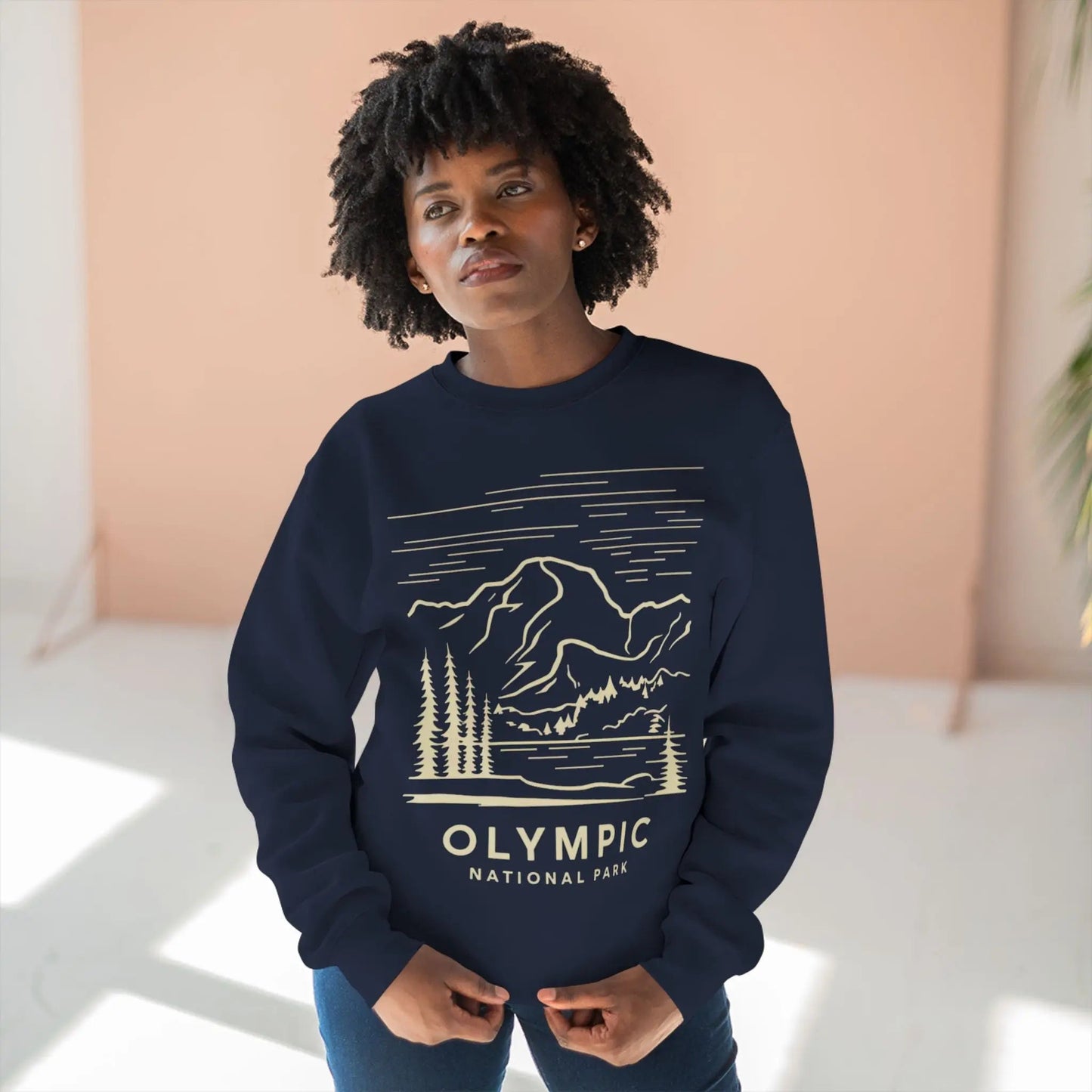 Olympic National Park coastal line art crewneck sweatshirt shown in alternate apparel color