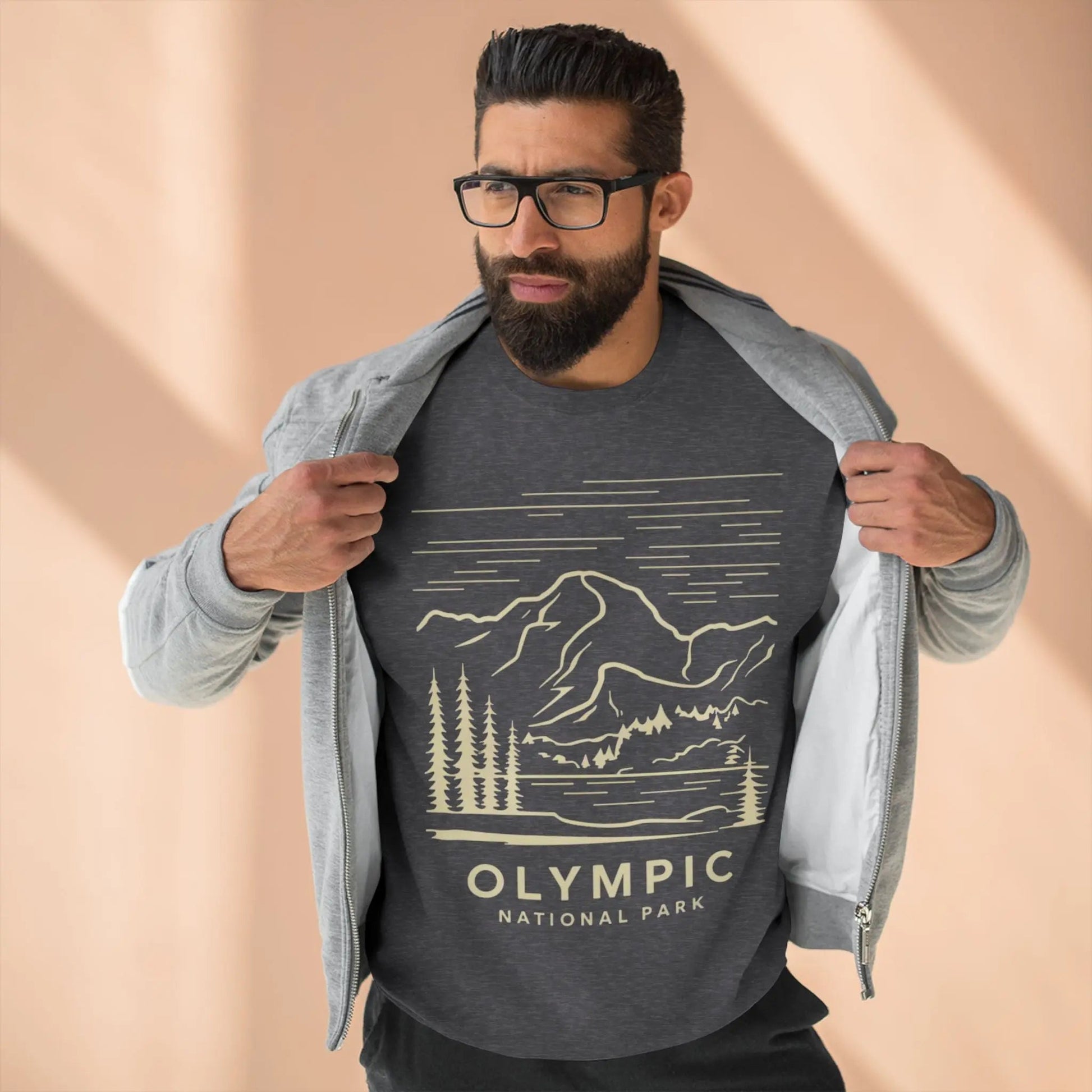 Olympic National Park coastal line art crewneck sweatshirt shown in lifestyle or modeled setting