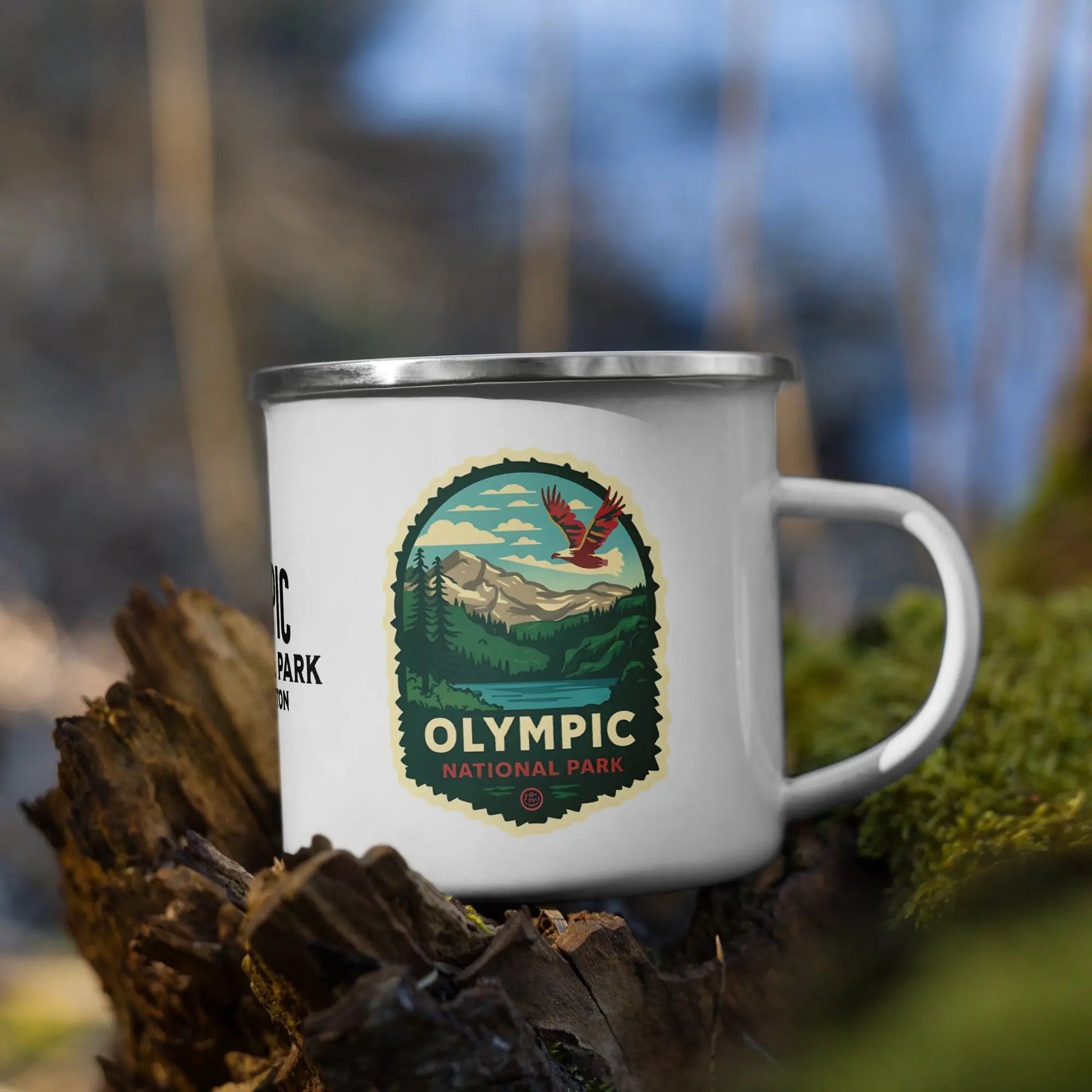 Olympic National Park durable enamel camp mug shown from alternate product angle