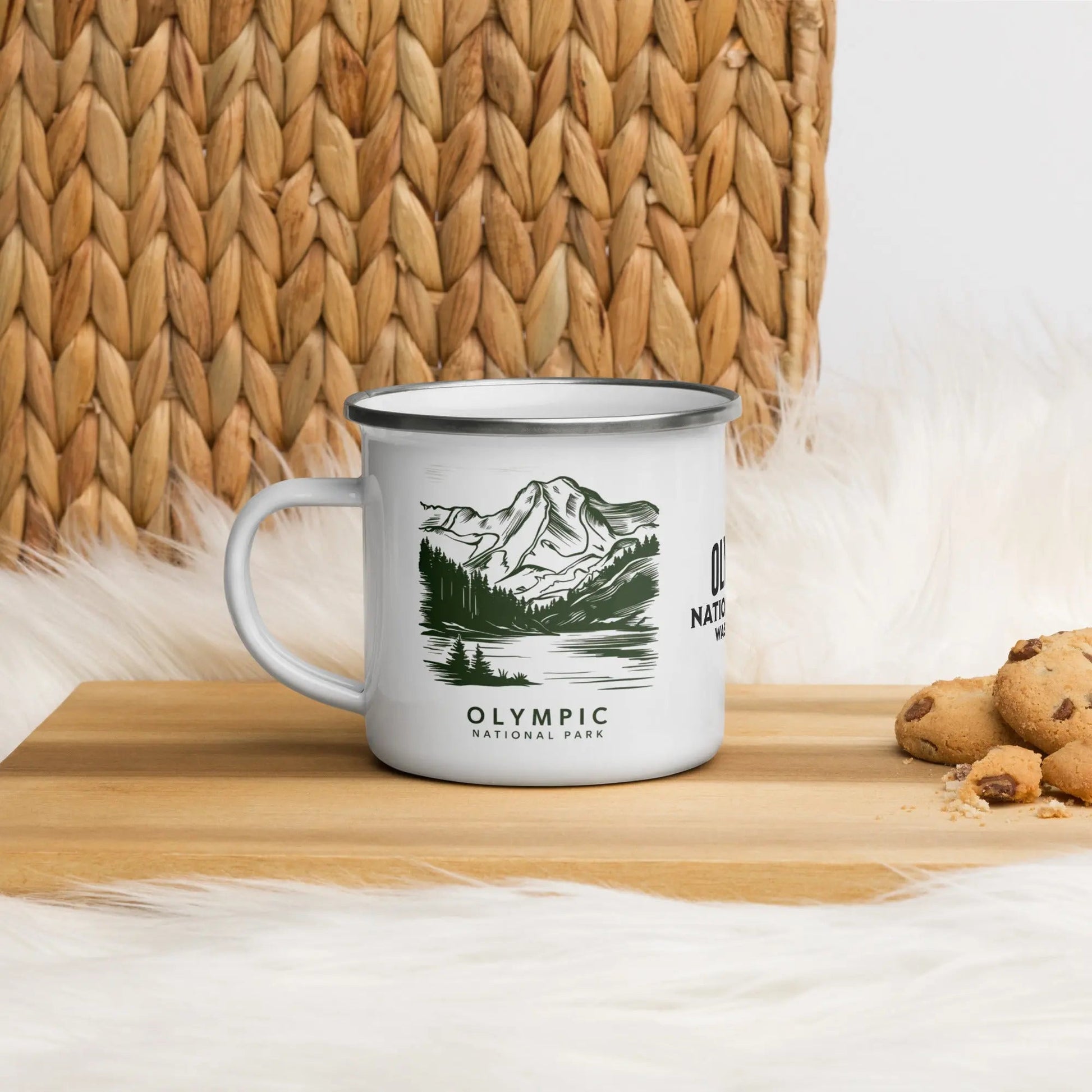Olympic National Park durable enamel camp mug shown from alternate product angle
