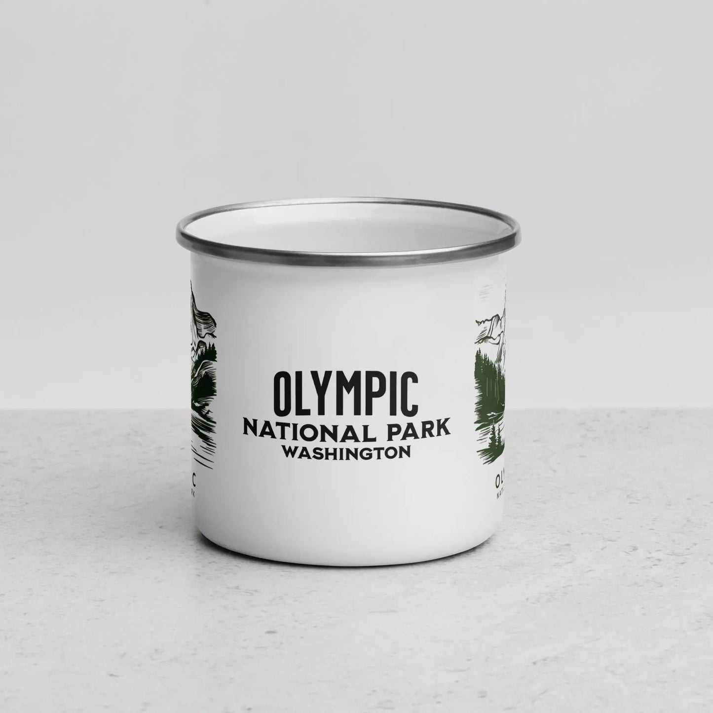 Olympic National Park durable enamel camp mug shown from alternate product angle
