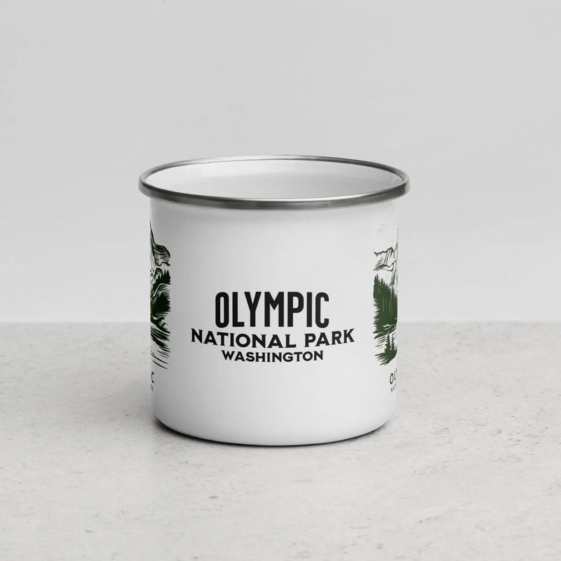 Olympic National Park durable enamel camp mug shown from alternate product angle