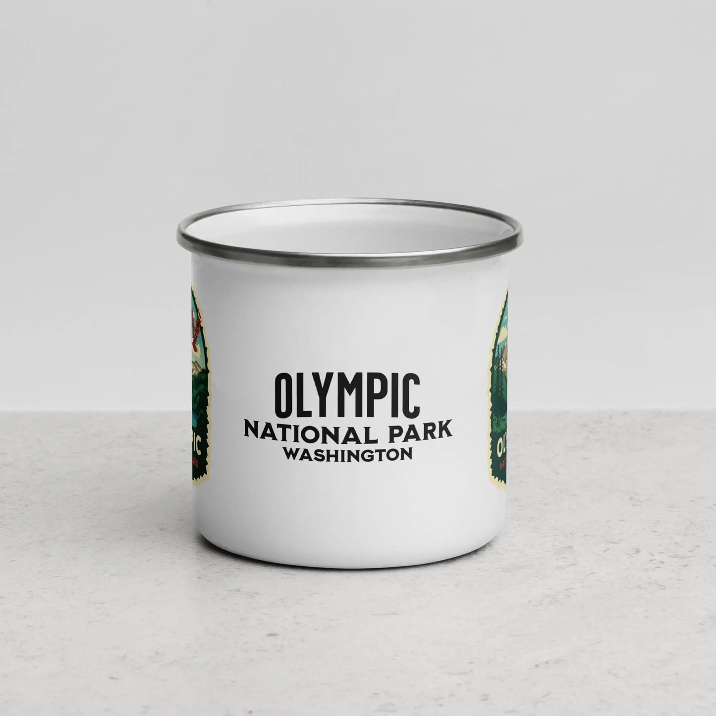 Olympic National Park durable enamel camp mug shown from alternate product angle