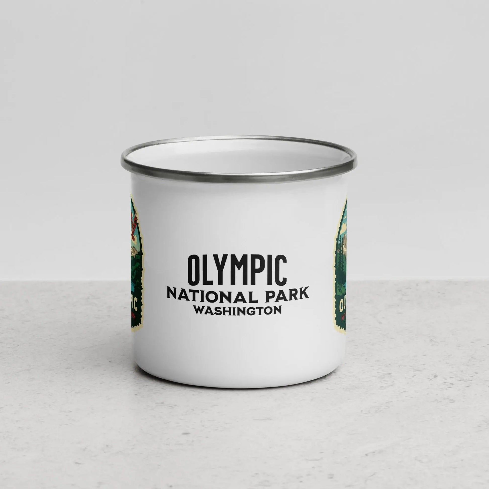Olympic National Park durable enamel camp mug shown from alternate product angle