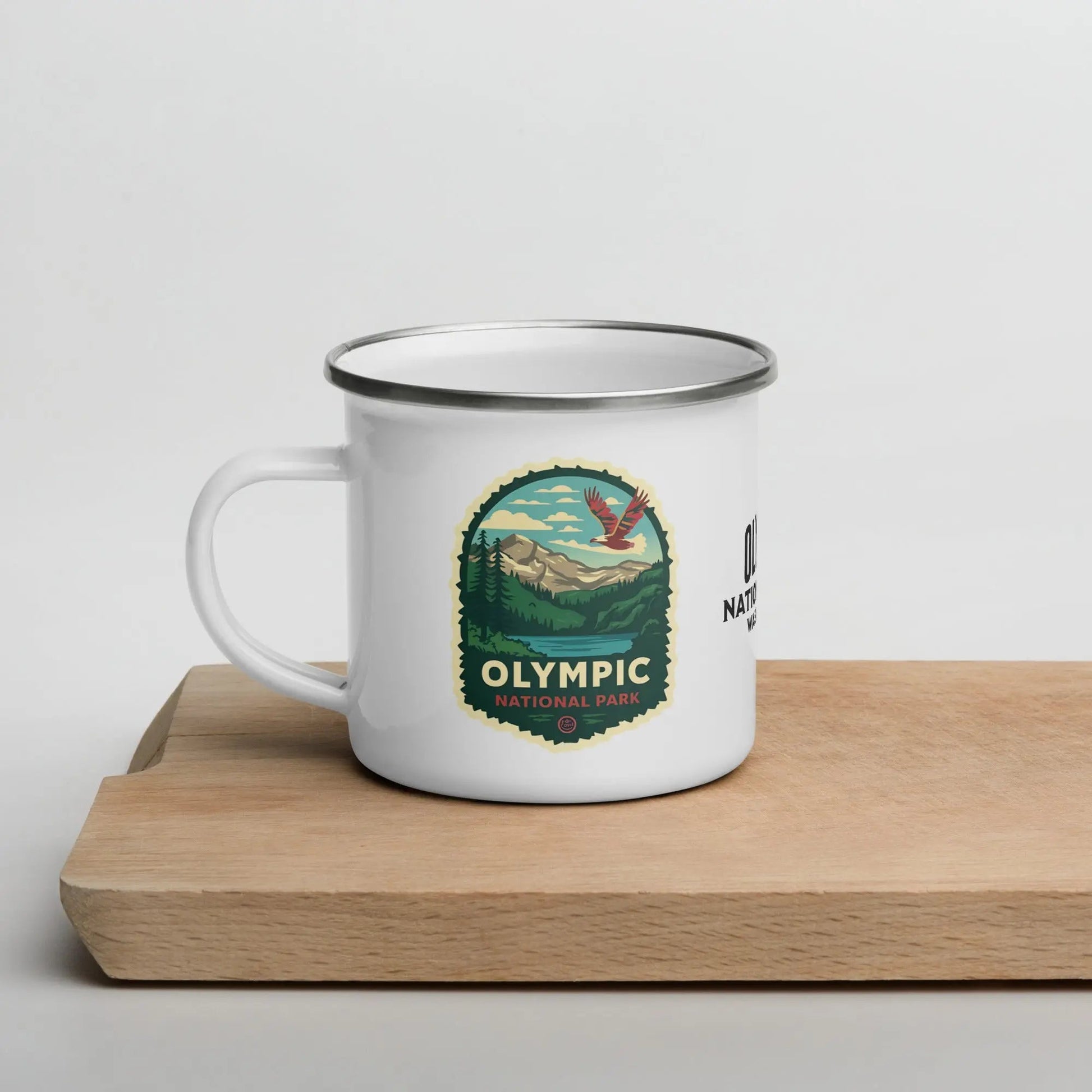 Olympic National Park durable enamel camp mug shown from alternate product angle