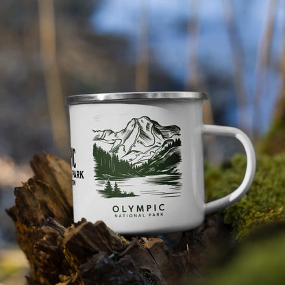 Olympic National Park durable enamel camp mug shown from alternate product angle