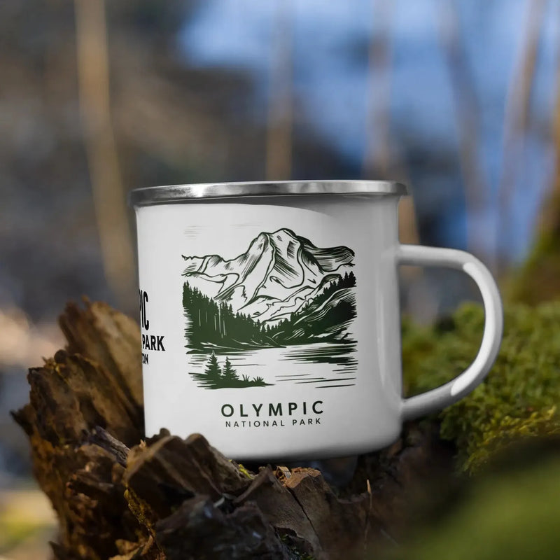 Olympic National Park durable enamel camp mug shown from alternate product angle