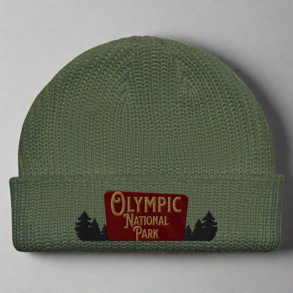 Olympic National Park embroidered winter beanie shown from alternate product angle