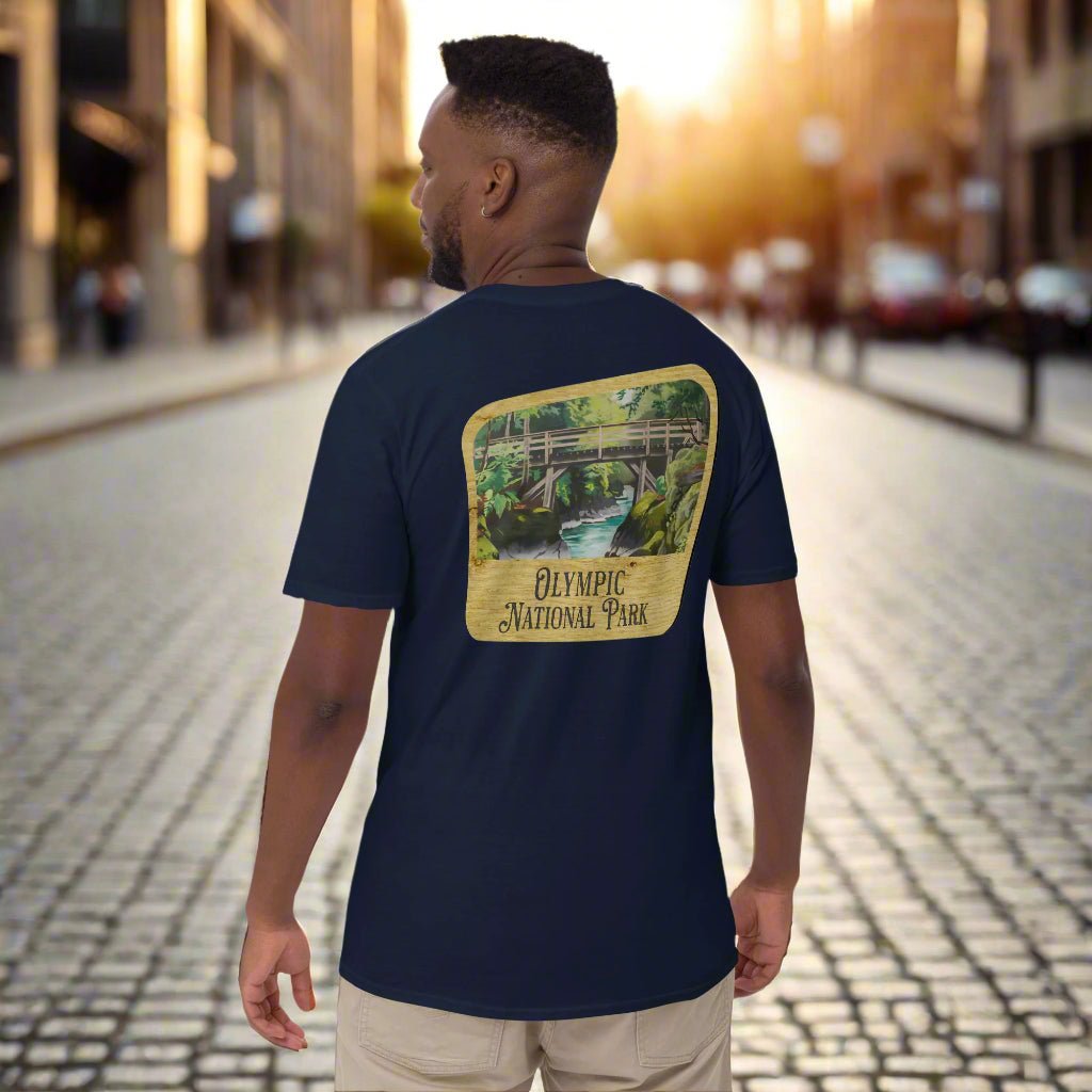 Olympic National Park sign embroidered unisex t-shirt shown in lifestyle or modeled setting
