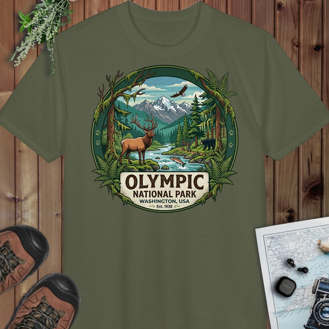 Olympic National Park Emblem Performance T-Shirt in Military Green
